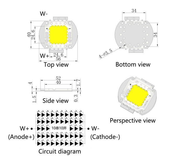 Módulo LED blanco cálido/blanco positivo de alta potencia (5-120 W)