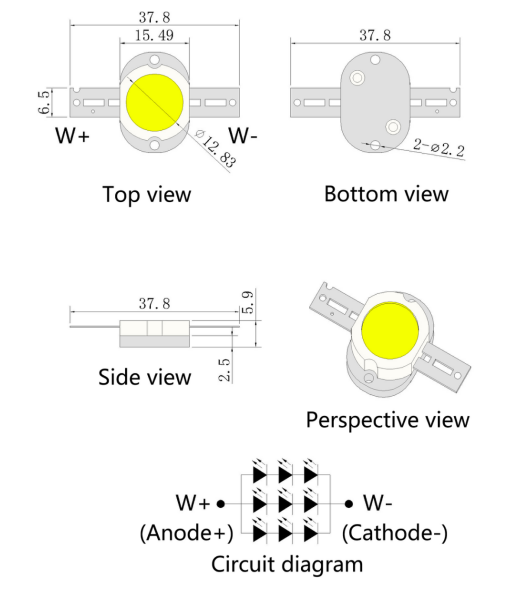 Módulo LED blanco cálido/blanco positivo de alta potencia (5-120 W)