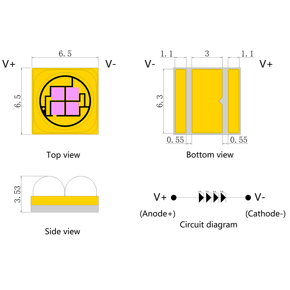 Fuente de luz de curado UV de cerámica de alta potencia 6565 UV de 30 grados/60 grados 365-410 nm